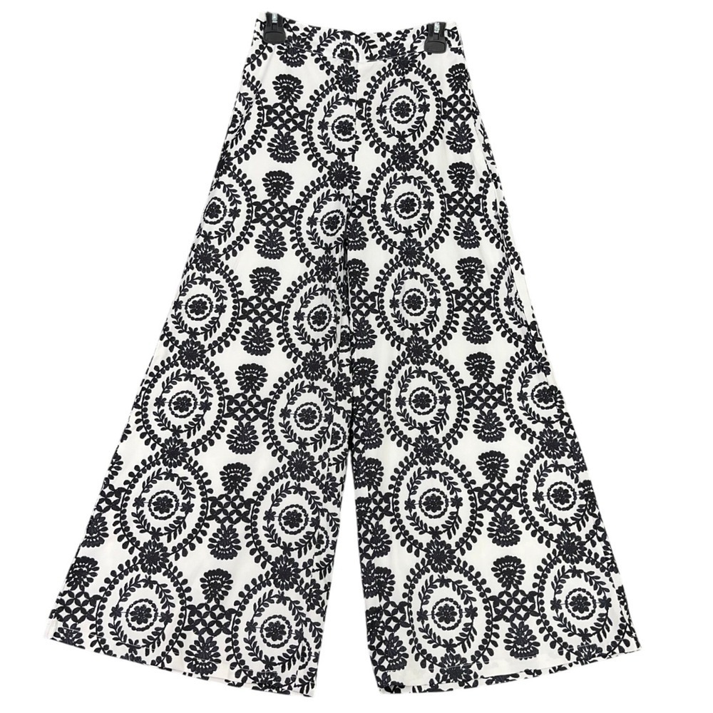 Shein Wide Leg Palazzo Pants Black White Flowy Ethnic Boho Chic Artistic Size S
